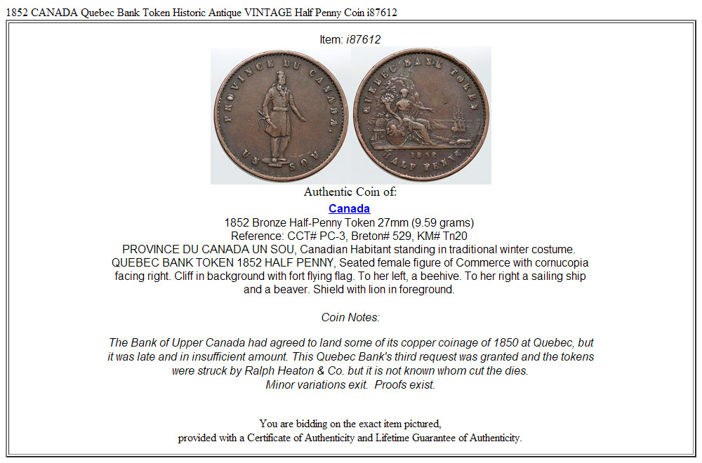 1852 CANADA Quebec Bank Token Historic Antique VINTAGE Half Penny Coin i87612