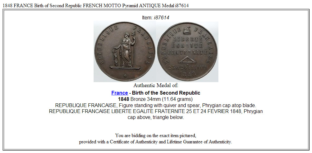 1848 FRANCE Birth of Second Republic FRENCH MOTTO Pyramid ANTIQUE Medal i87614