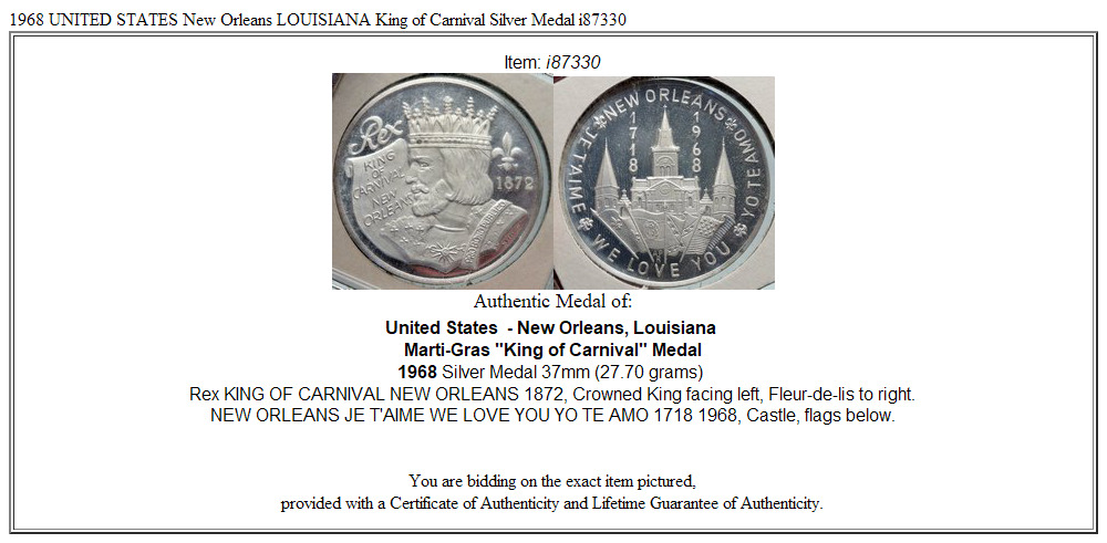 1968 UNITED STATES New Orleans LOUISIANA King of Carnival Silver Medal i87330