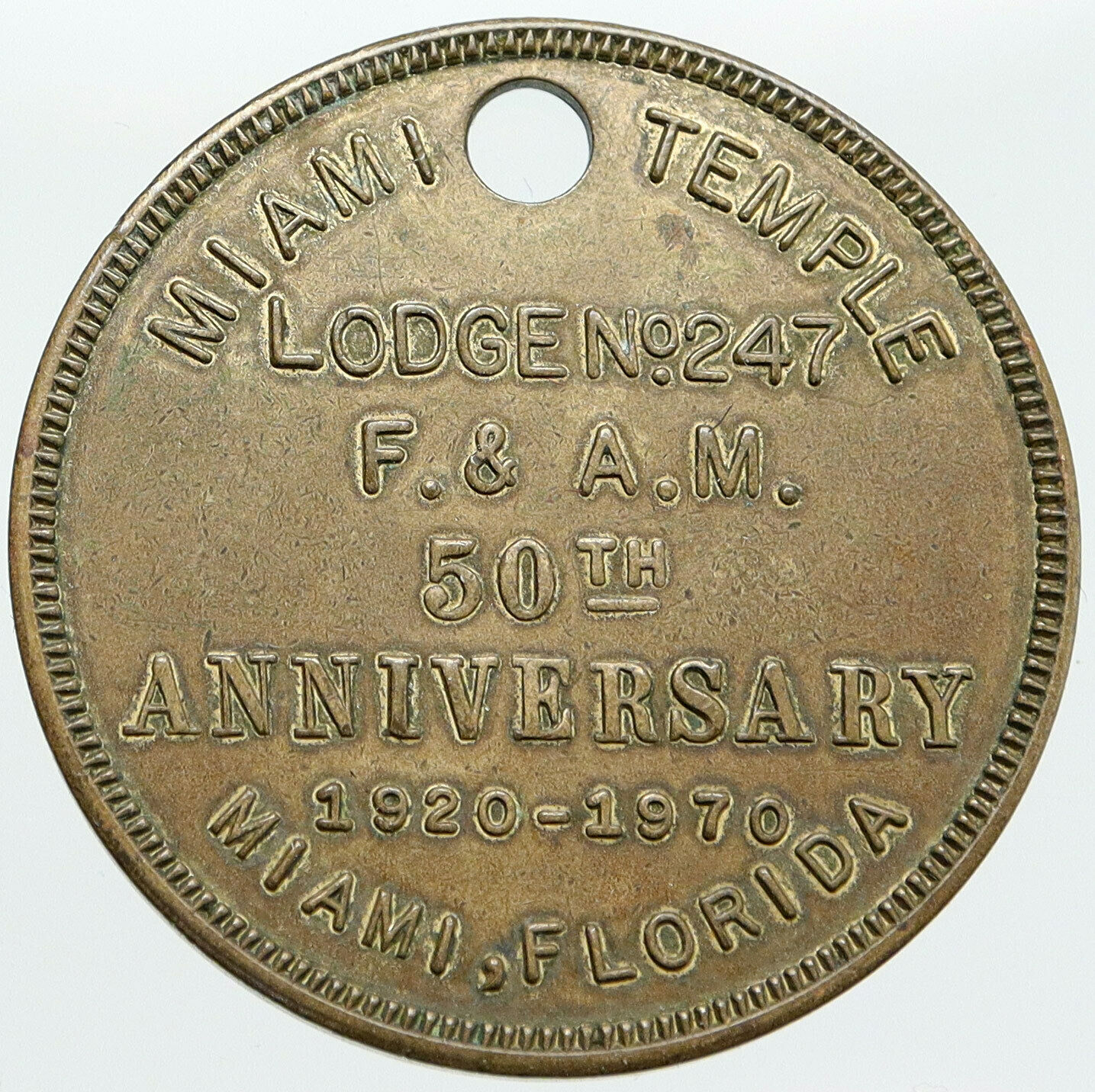 1970 USA Miami Florida MASONIC LODGE No 247 50Y ANNIVERSARY Vintage Medal i87617