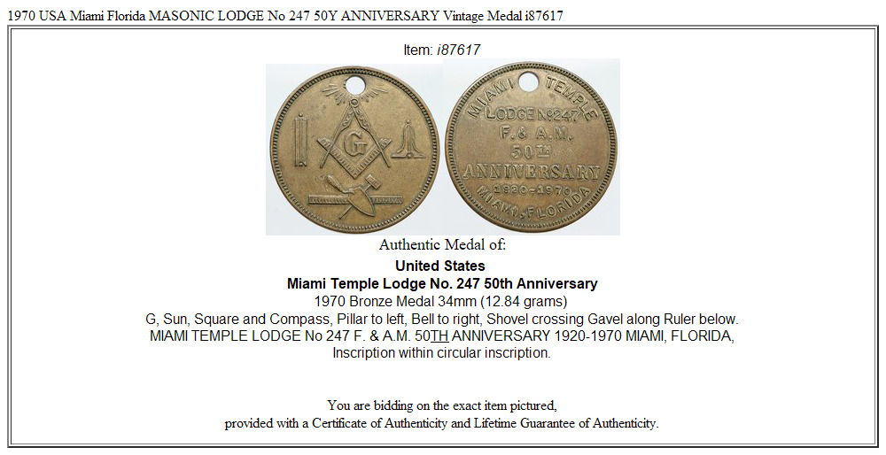 1970 USA Miami Florida MASONIC LODGE No 247 50Y ANNIVERSARY Vintage Medal i87617