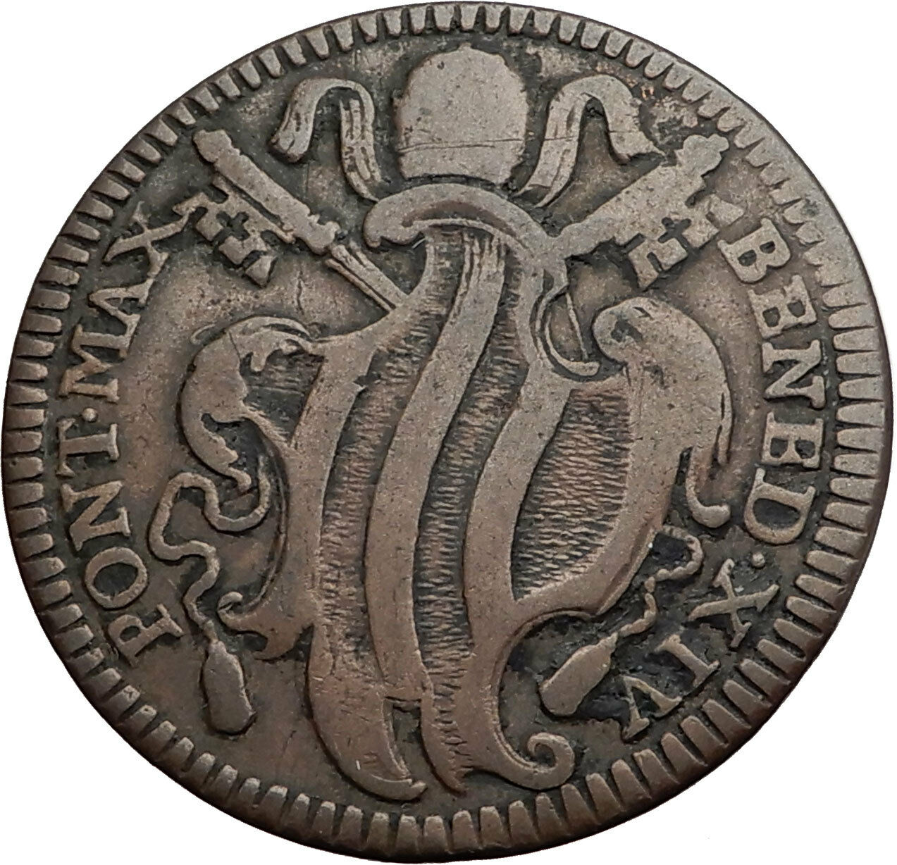 1740AD PAPAL Rome POPE BENEDICT XIV Coat of Arms Authentic Antique Coin i60040