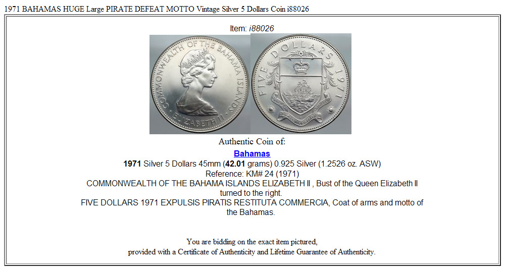 1971 BAHAMAS HUGE Large PIRATE DEFEAT MOTTO Vintage Silver 5 Dollars Coin i88026