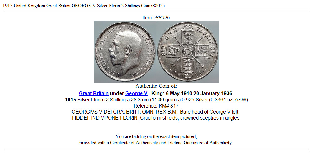 1915 United Kingdom Great Britain GEORGE V Silver Florin 2 Shillings Coin i88025