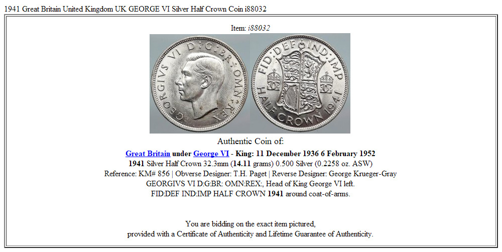 1941 Great Britain United Kingdom UK GEORGE VI Silver Half Crown Coin i88032