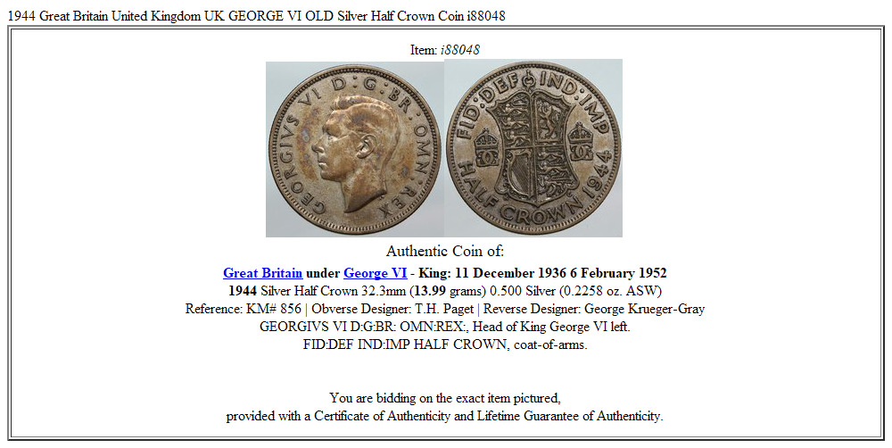 1944 Great Britain United Kingdom UK GEORGE VI OLD Silver Half Crown Coin i88048