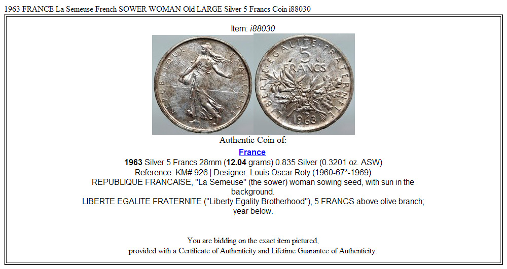 1963 FRANCE La Semeuse French SOWER WOMAN Old LARGE Silver 5 Francs Coin i88030