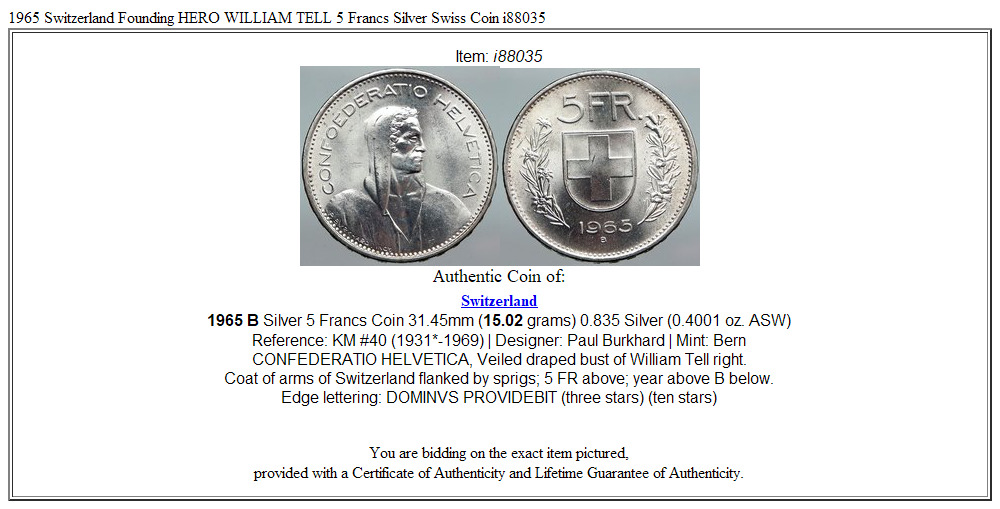 1965 Switzerland Founding HERO WILLIAM TELL 5 Francs Silver Swiss Coin i88035