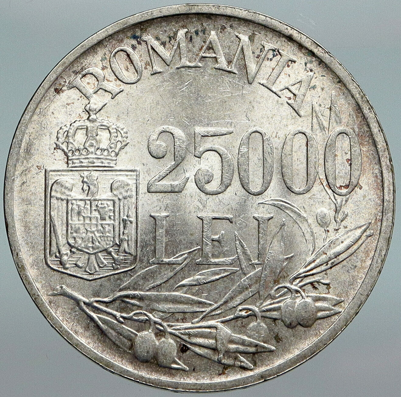 1946 ROMANIA King Michael I Shield Genuine Silver 25000 Lei Romanian Coin i88029