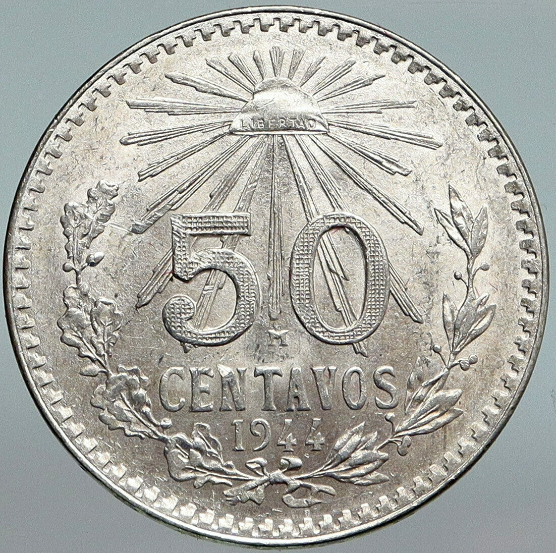 1944 MEXICO City EAGLE CACTUS SERPENT Old Silver 50 Centavos Mexican Coin i88037