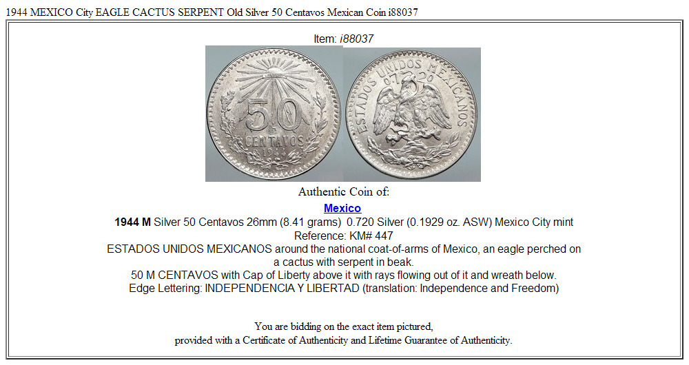 1944 MEXICO City EAGLE CACTUS SERPENT Old Silver 50 Centavos Mexican Coin i88037