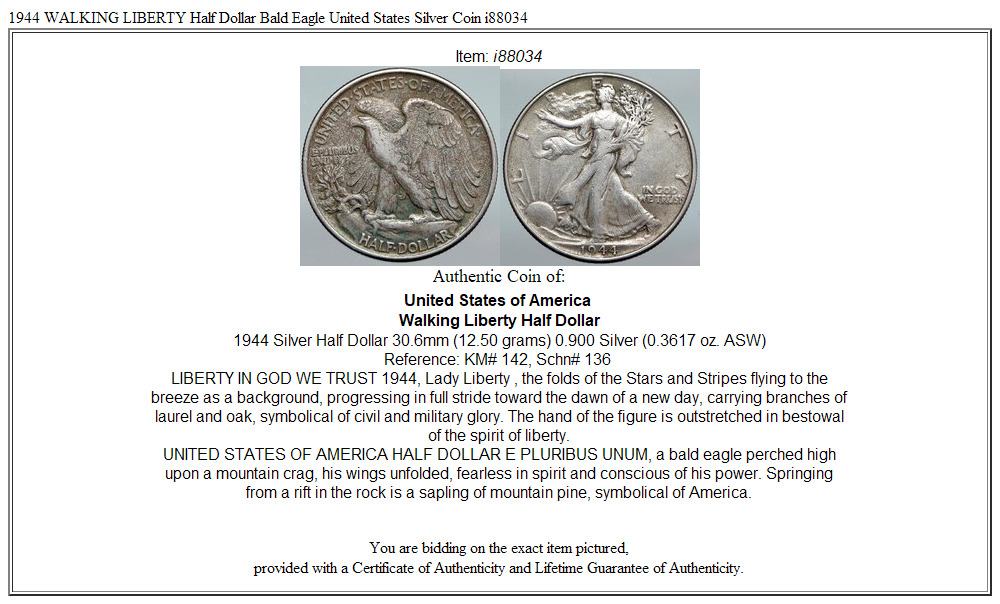 1944 WALKING LIBERTY Half Dollar Bald Eagle United States Silver Coin i88034