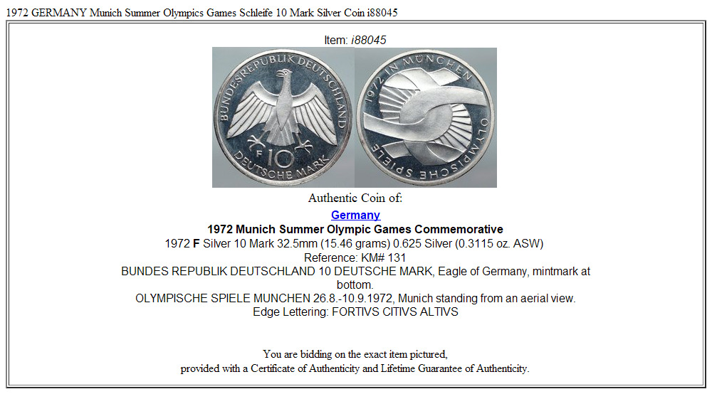 1972 GERMANY Munich Summer Olympics Games Schleife 10 Mark Silver Coin i88045