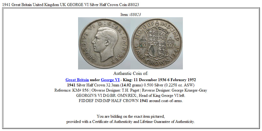 1941 Great Britain United Kingdom UK GEORGE VI Silver Half Crown Coin i88023