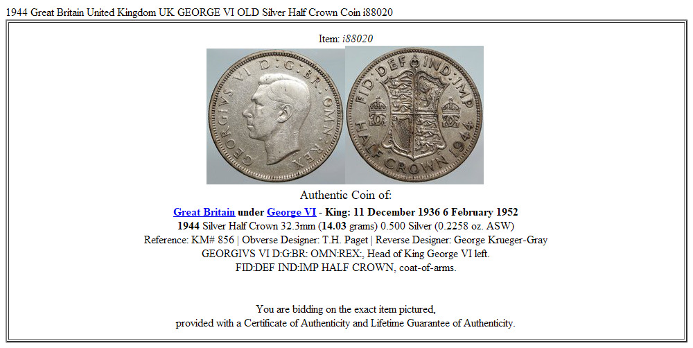 1944 Great Britain United Kingdom UK GEORGE VI OLD Silver Half Crown Coin i88020