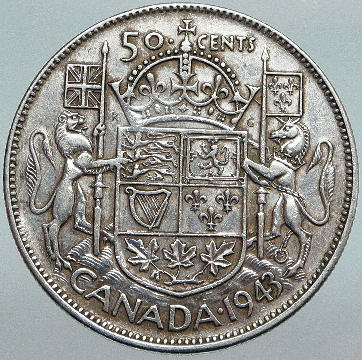 1943 CANADA UK King GEORGE VI Lions Crown Large Old SILVER 50 Cents Coin i88017