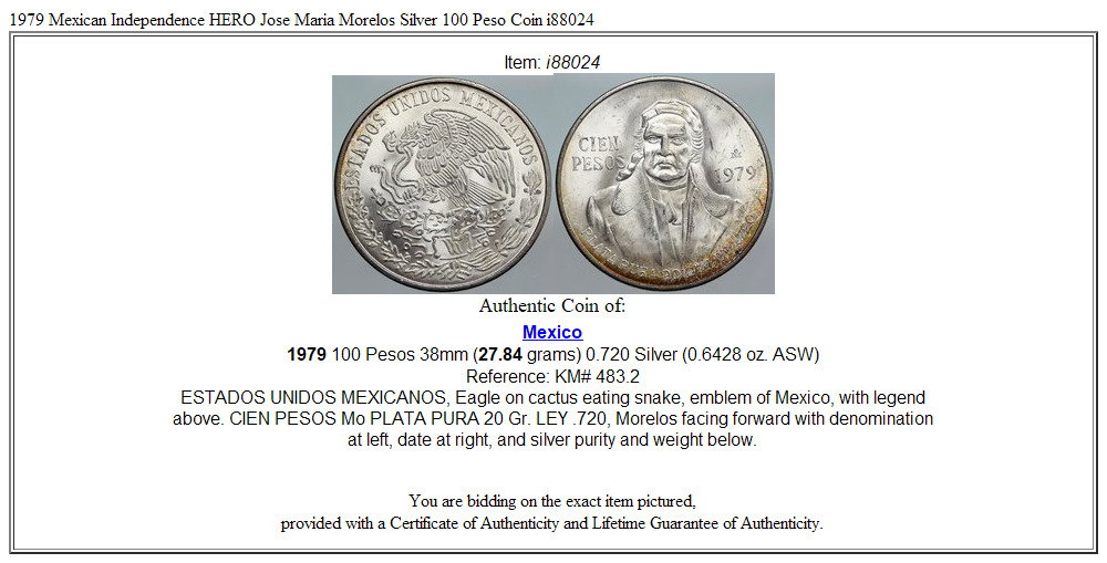 1979 Mexican Independence HERO Jose Maria Morelos Silver 100 Peso Coin i88024