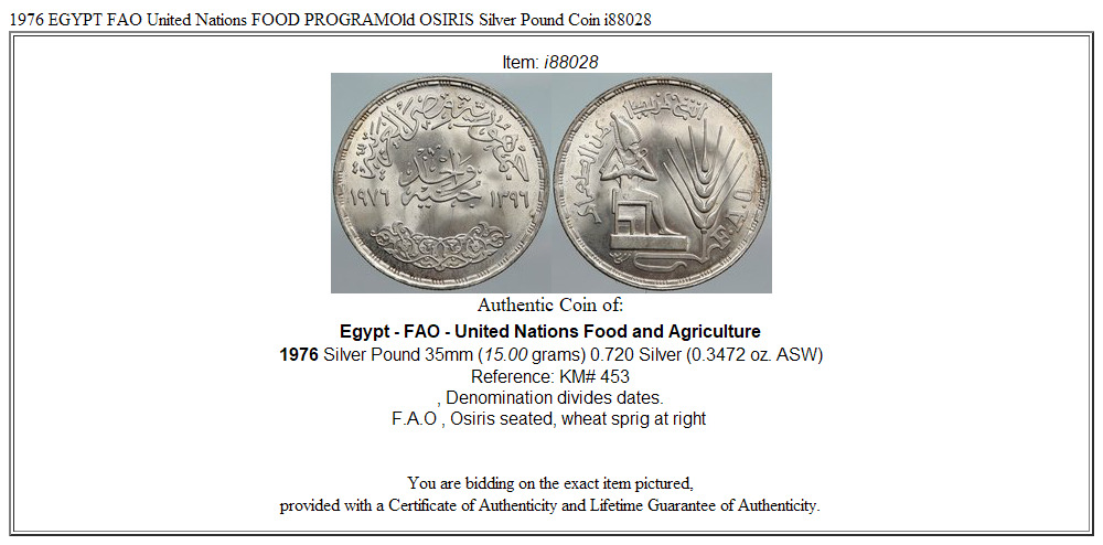 1976 EGYPT FAO United Nations FOOD PROGRAMOld OSIRIS Silver Pound Coin i88028