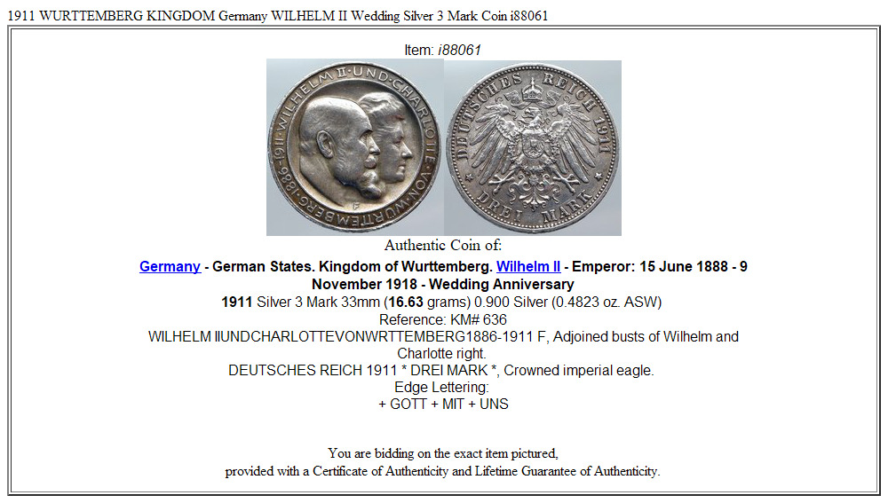 1911 WURTTEMBERG KINGDOM Germany WILHELM II Wedding Silver 3 Mark Coin i88061