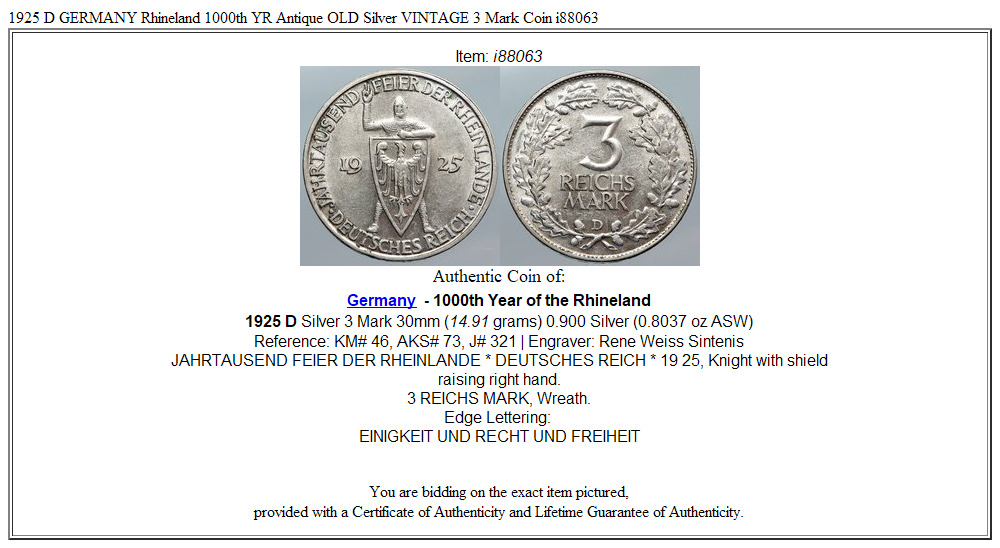 1925 D GERMANY Rhineland 1000th YR Antique OLD Silver VINTAGE 3 Mark Coin i88063