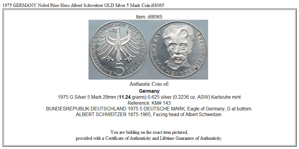 1975 GERMANY Nobel Prize Hero Albert Schweitzer OLD Silver 5 Mark Coin i88065