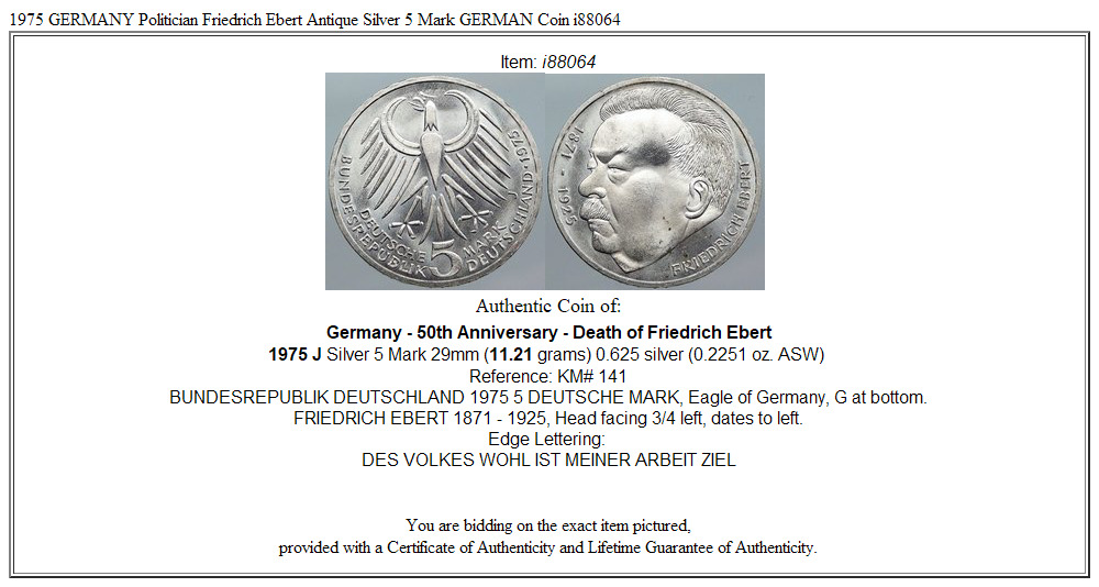 1975 GERMANY Politician Friedrich Ebert Antique Silver 5 Mark GERMAN Coin i88064