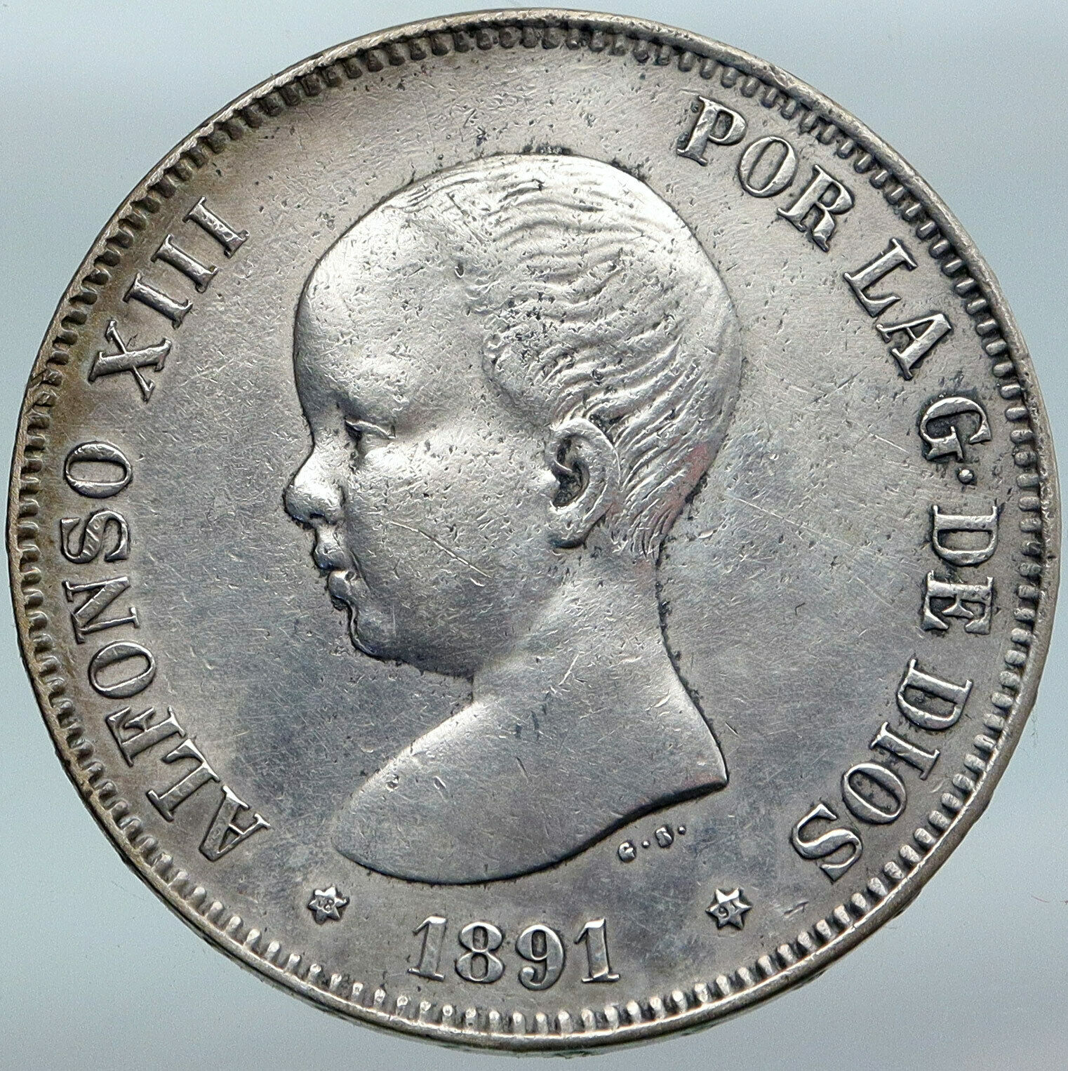 1891 SPAIN with Spanish King ALFONSO XIII Antique Silver 5 Pesetas Coin i88097