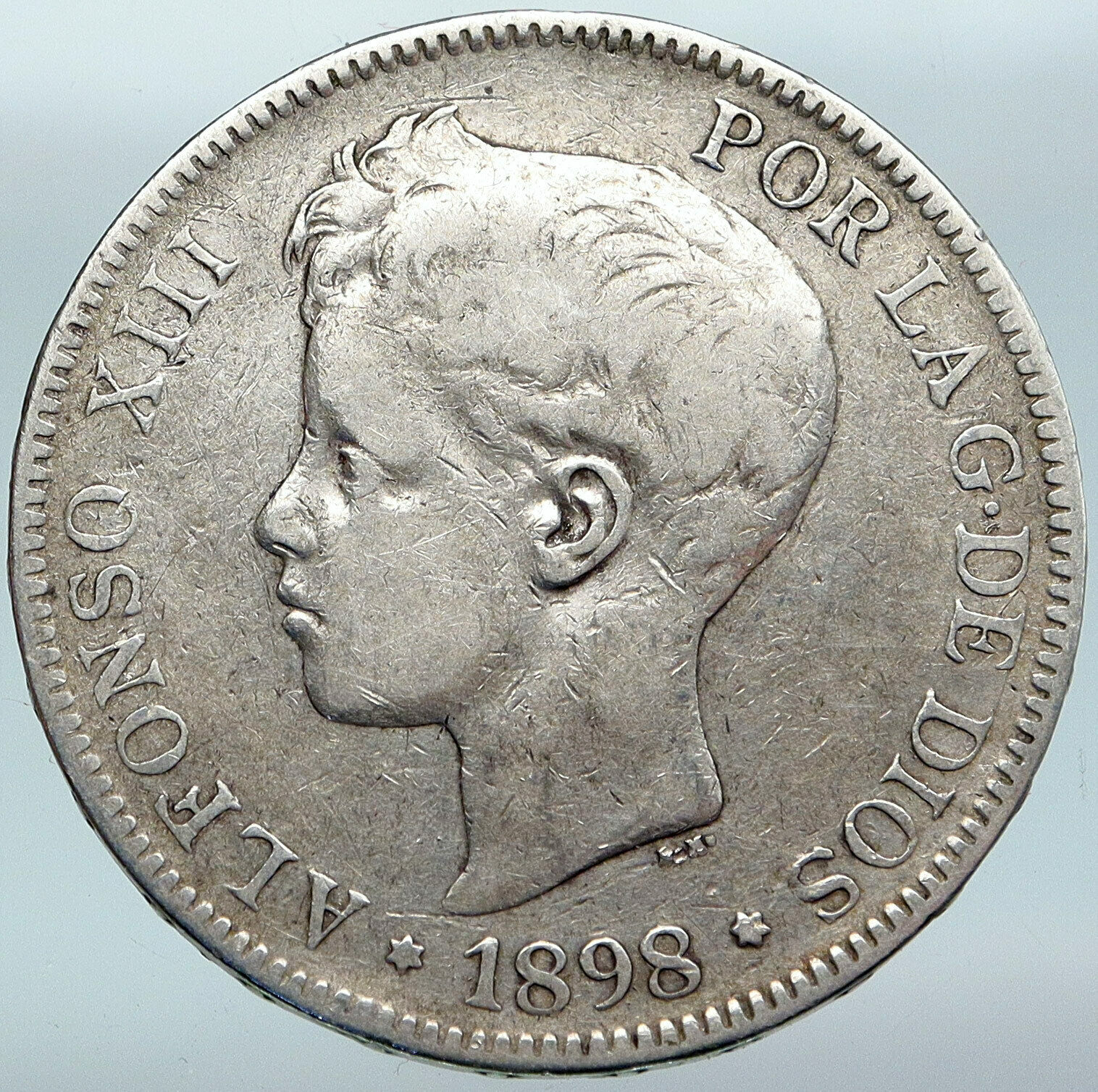 1898 SPAIN Spanish King ALFONSO XIII Old Antique Silver 5 Pesetas Coin i88102