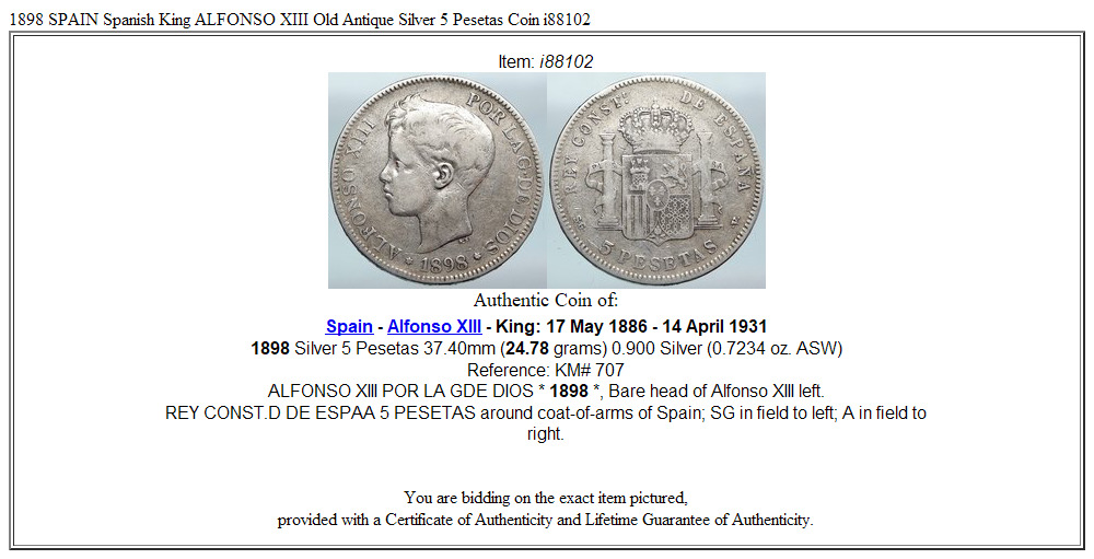 1898 SPAIN Spanish King ALFONSO XIII Old Antique Silver 5 Pesetas Coin i88102