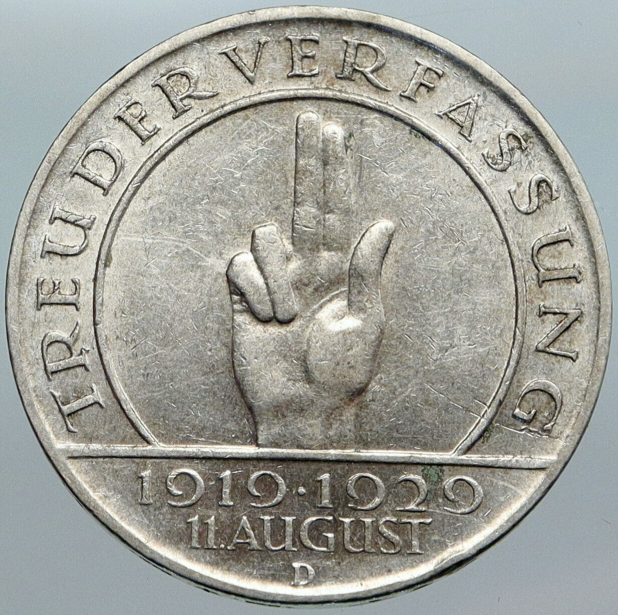 1929D GERMANY Weimar Constitution President Hindenberg Silver 3Mark Coin i88073