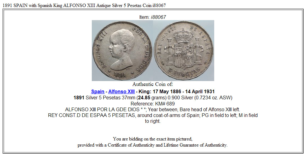 1891 SPAIN with Spanish King ALFONSO XIII Antique Silver 5 Pesetas Coin i88067