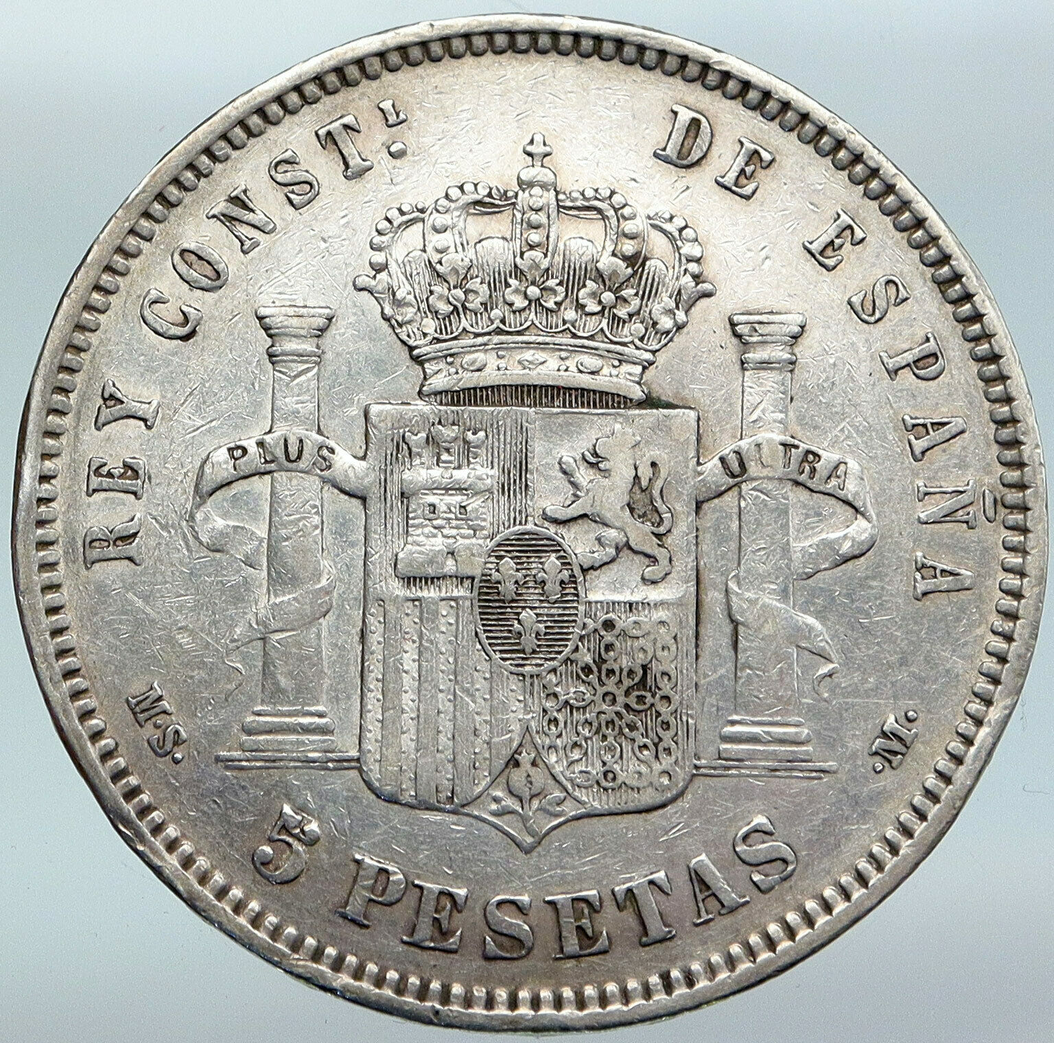 1885 SPAIN w King ALFONSO XII Antique OLD SPANISH Silver 5 Pesetas Coin i88101