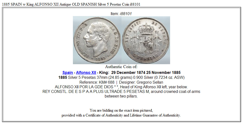 1885 SPAIN w King ALFONSO XII Antique OLD SPANISH Silver 5 Pesetas Coin i88101