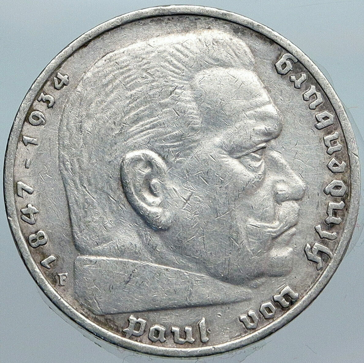 1935F Germany 2nd President Paul von Hindenburg Silver German 5 Mark Coin i88080