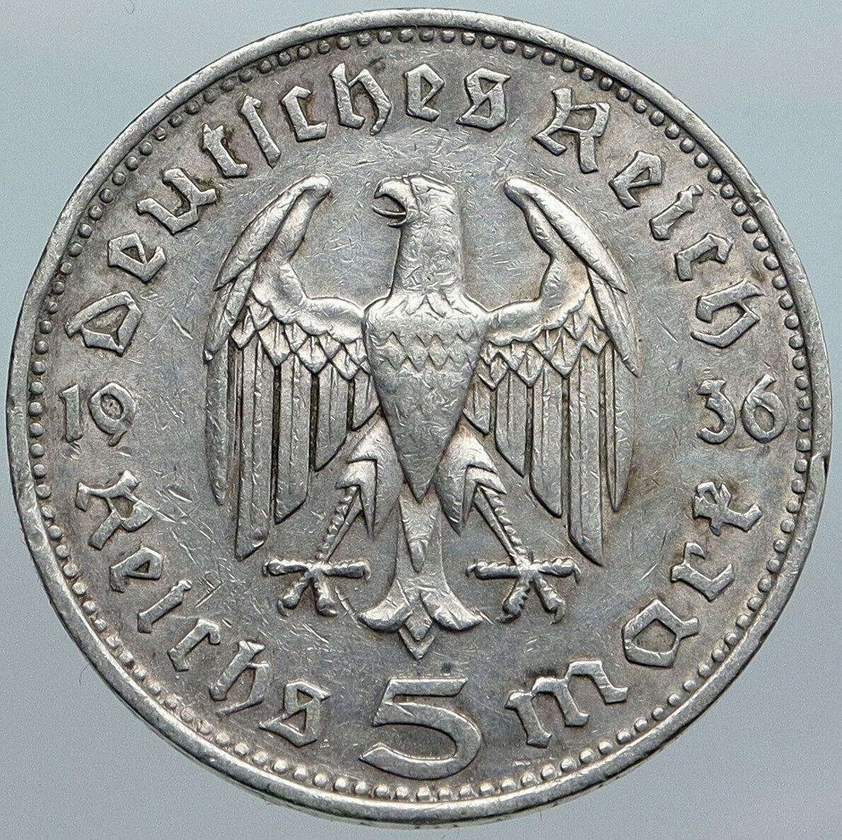 1935F Germany 2nd President Paul von Hindenburg Silver German 5 Mark Coin i88080