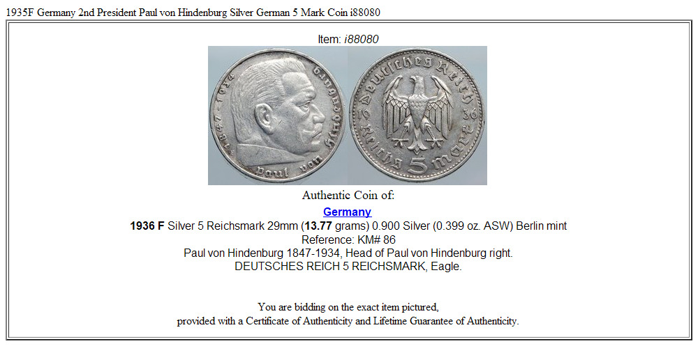 1935F Germany 2nd President Paul von Hindenburg Silver German 5 Mark Coin i88080