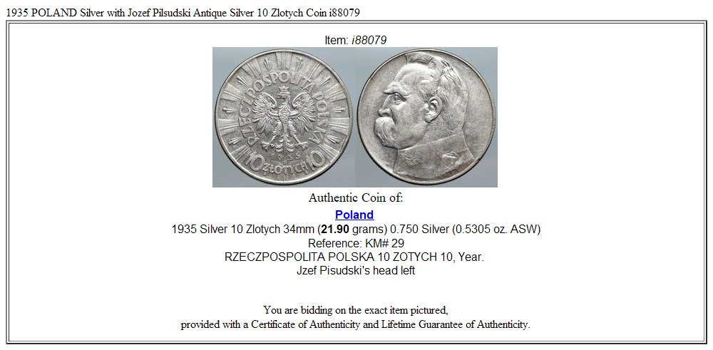 1935 POLAND Silver with Jozef Pilsudski Antique Silver 10 Zlotych Coin i88079