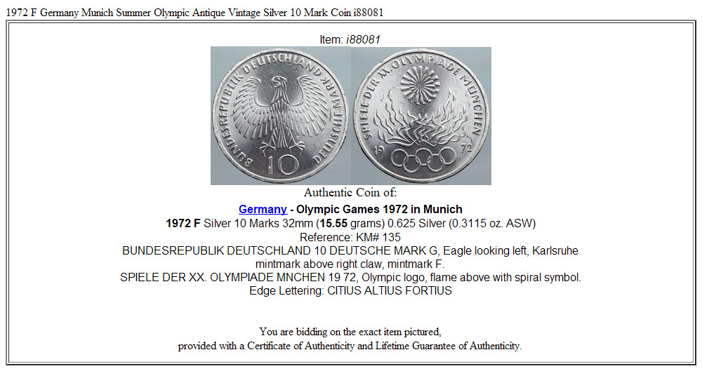 1972 F Germany Munich Summer Olympic Antique Vintage Silver 10 Mark Coin i88081