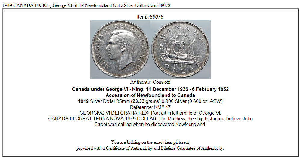 1949 CANADA UK King George VI SHIP Newfoundland OLD Silver Dollar Coin i88078