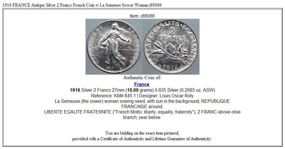 1916 FRANCE Antique Silver 2 Francs French Coin w La Semeuse Sower Woman i88086