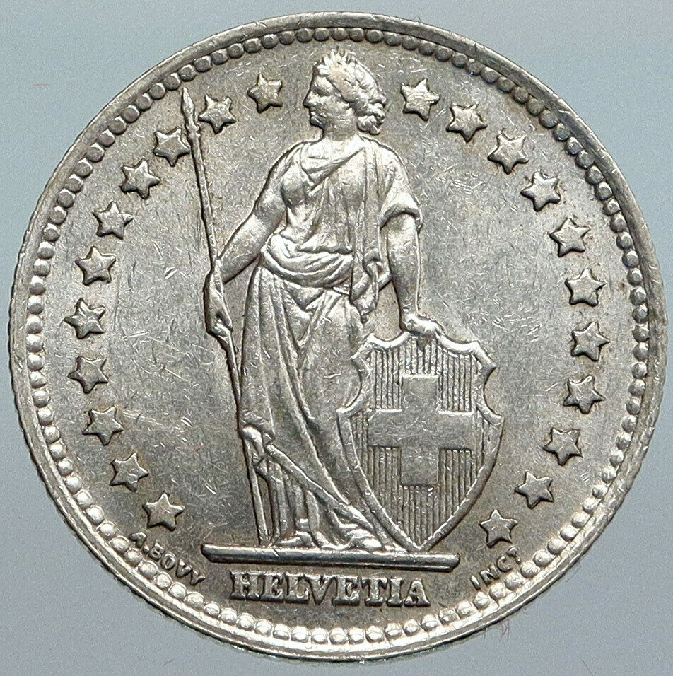 1945 SWITZERLAND HELVETIA Symbolizes OLD SWISS Nation SILVER 1 Franc Coin i88087