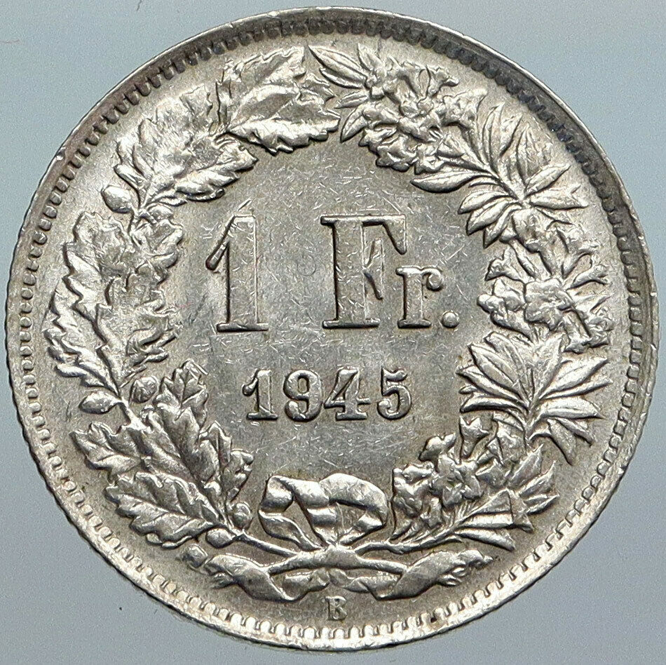 1945 SWITZERLAND HELVETIA Symbolizes OLD SWISS Nation SILVER 1 Franc Coin i88087