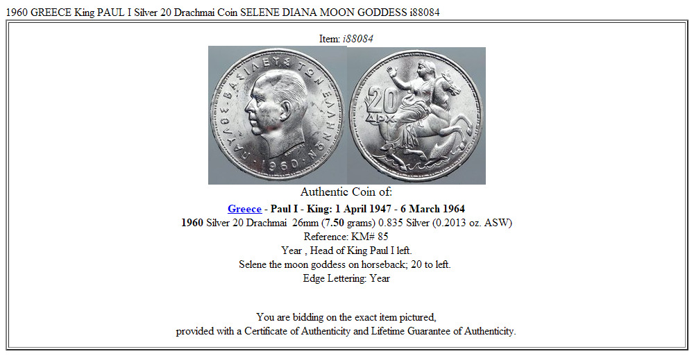 1960 GREECE King PAUL I Silver 20 Drachmai Coin SELENE DIANA MOON GODDESS i88084