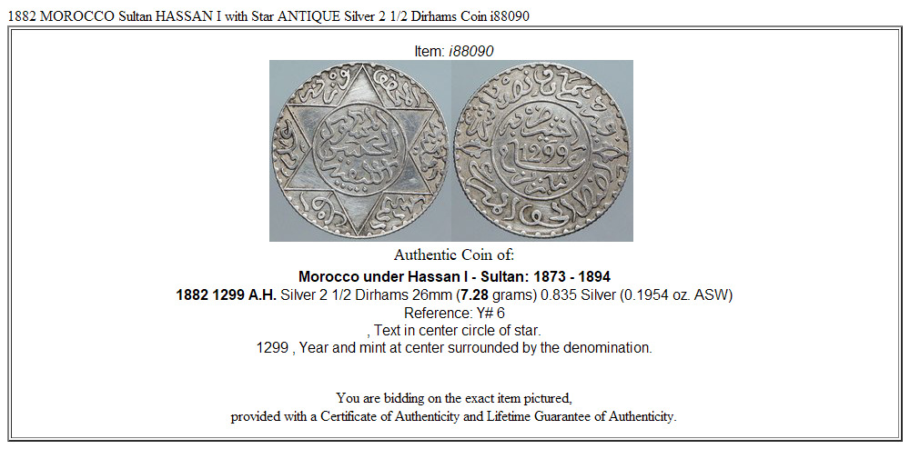 1882 MOROCCO Sultan HASSAN I with Star ANTIQUE Silver 2 1/2 Dirhams Coin i88090