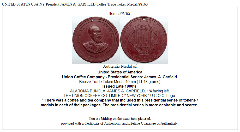 UNITED STATES USA NY President JAMES A. GARFIELD Coffee Trade Token Medal i88163