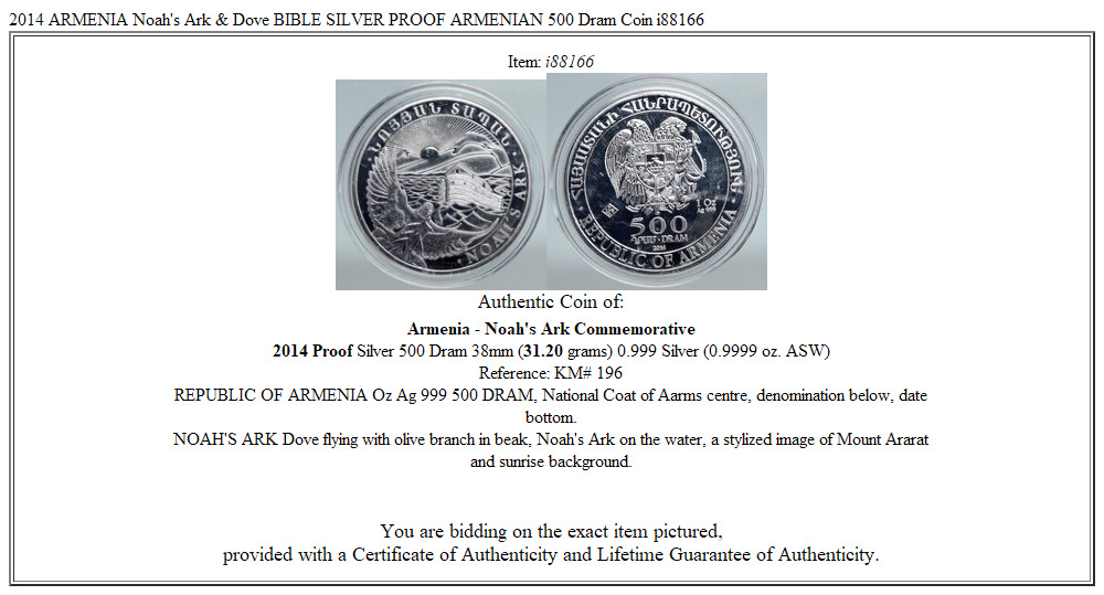 2014 ARMENIA Noah's Ark & Dove BIBLE SILVER PROOF ARMENIAN 500 Dram Coin i88166