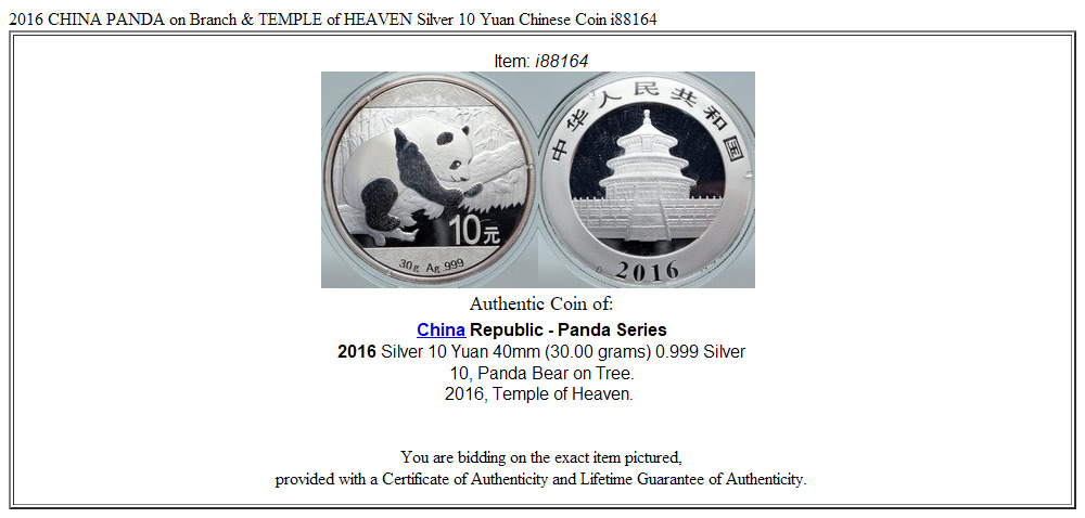 2016 CHINA PANDA on Branch & TEMPLE of HEAVEN Silver 10 Yuan Chinese Coin i88164