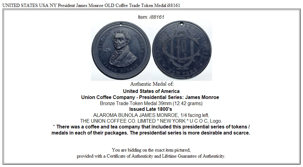 UNITED STATES USA NY President James Monroe OLD Coffee Trade Token Medal i88161