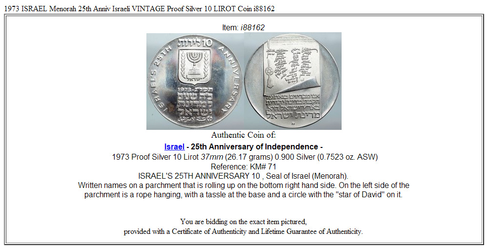 1973 ISRAEL Menorah 25th Anniv Israeli VINTAGE Proof Silver 10 LIROT Coin i88162