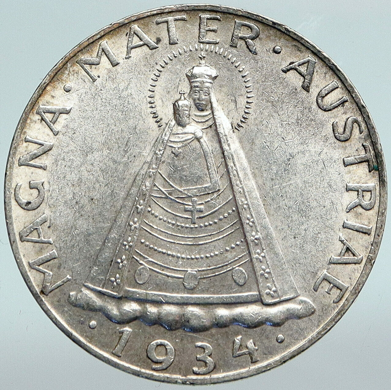 1934 AUSTRIA Mariazell Madonna HISTORIC Halos UNC Silver 5 Schilling Coin i88173